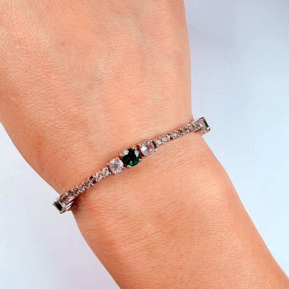 Art Deco Revival Emerald and Topaz Glass 925 Sterling Silver Tennis Bracelet - Picture 3 of 11